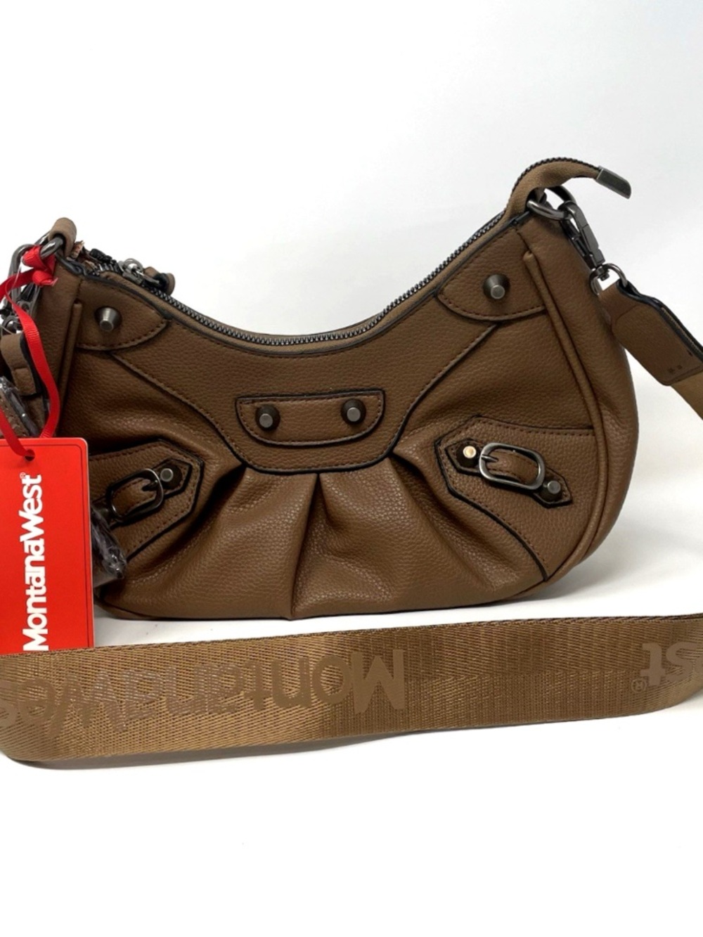 Montana West Chocolate Brown Pebbled Leather Shoulder Bag with Branded Web Strap